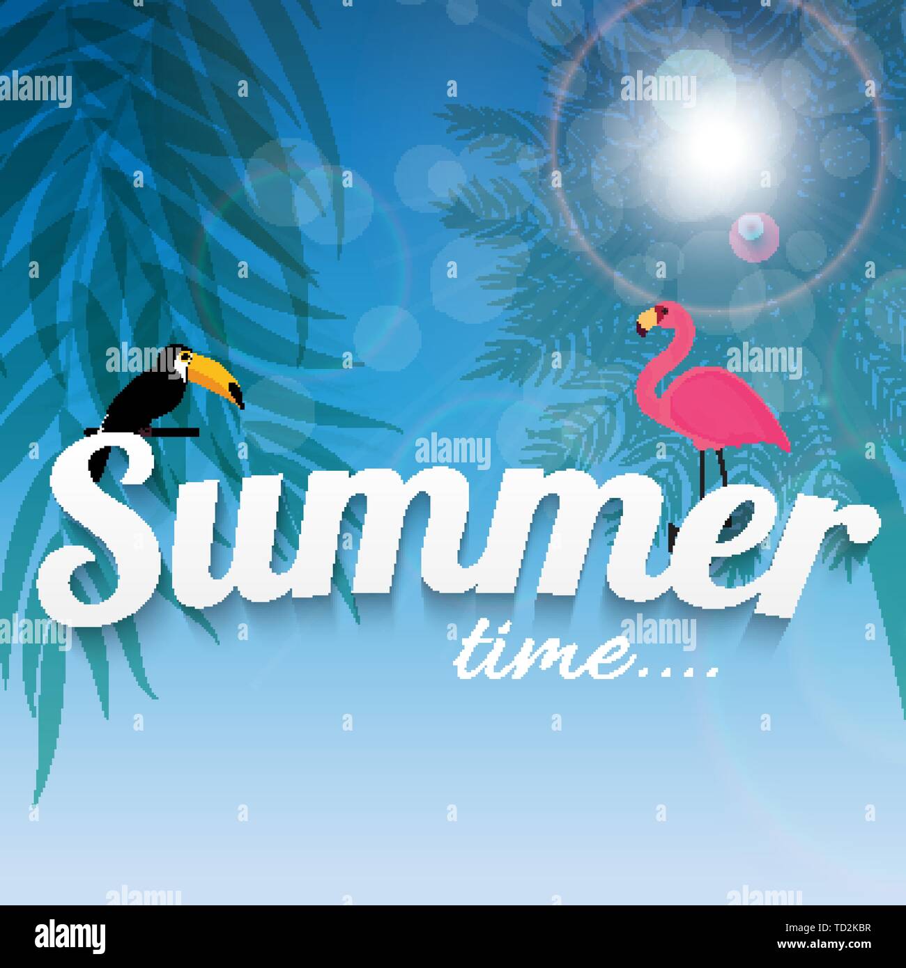 Abstract Summer Time Background with Flamingo and Toucan. Vector ...