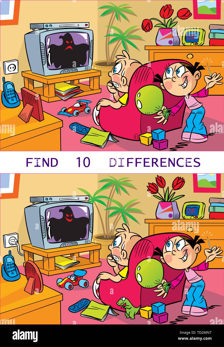 In vector illustration puzzle, in which children mischievous and play in the room. It is necessary to find ten differences in the pictures. Stock Vector