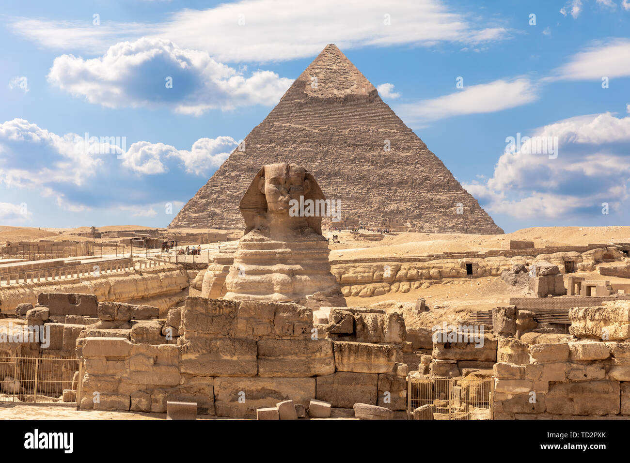The Sphinx, the Pyramid of Chephren and the ruins of a temple in Giza, Egypt Stock Photo