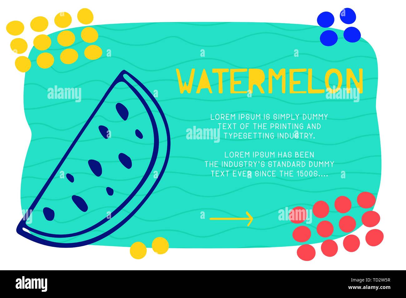 Abstract landing page pattern with different element, text block and doodle watermelon icon. Vector fun background. Stock Vector
