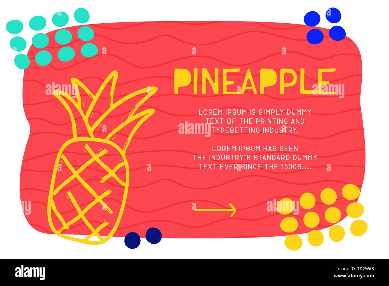 Abstract landing page pattern with different element, text block and doodle pineapple icon. Vector fun background. Stock Vector