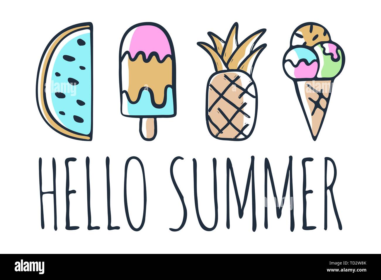 Collection of vector ice cream watermelon and pineapple illustrations ...