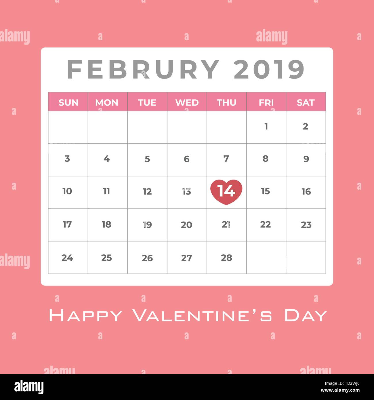 February 2019 calendar with red heart highlight at day 14 for ...