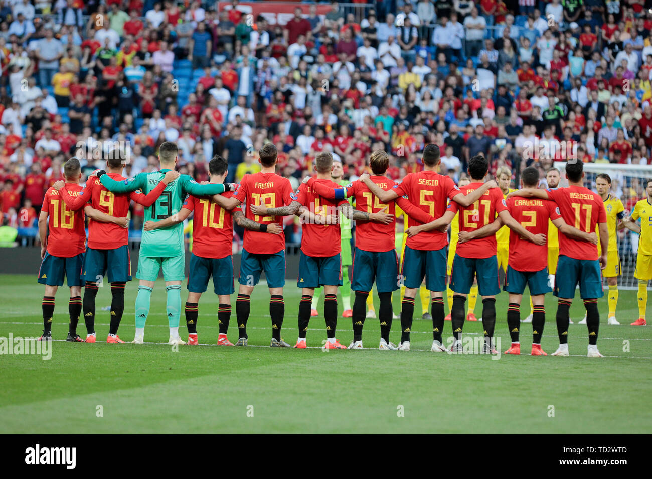Spain national team seen during the UEFA EURO 2020 Qualifier match between Spain and Sweden at Santiago Bernabeu Stadium in Madrid. Final score: Spain 3 - Sweden 0 Stock Photo