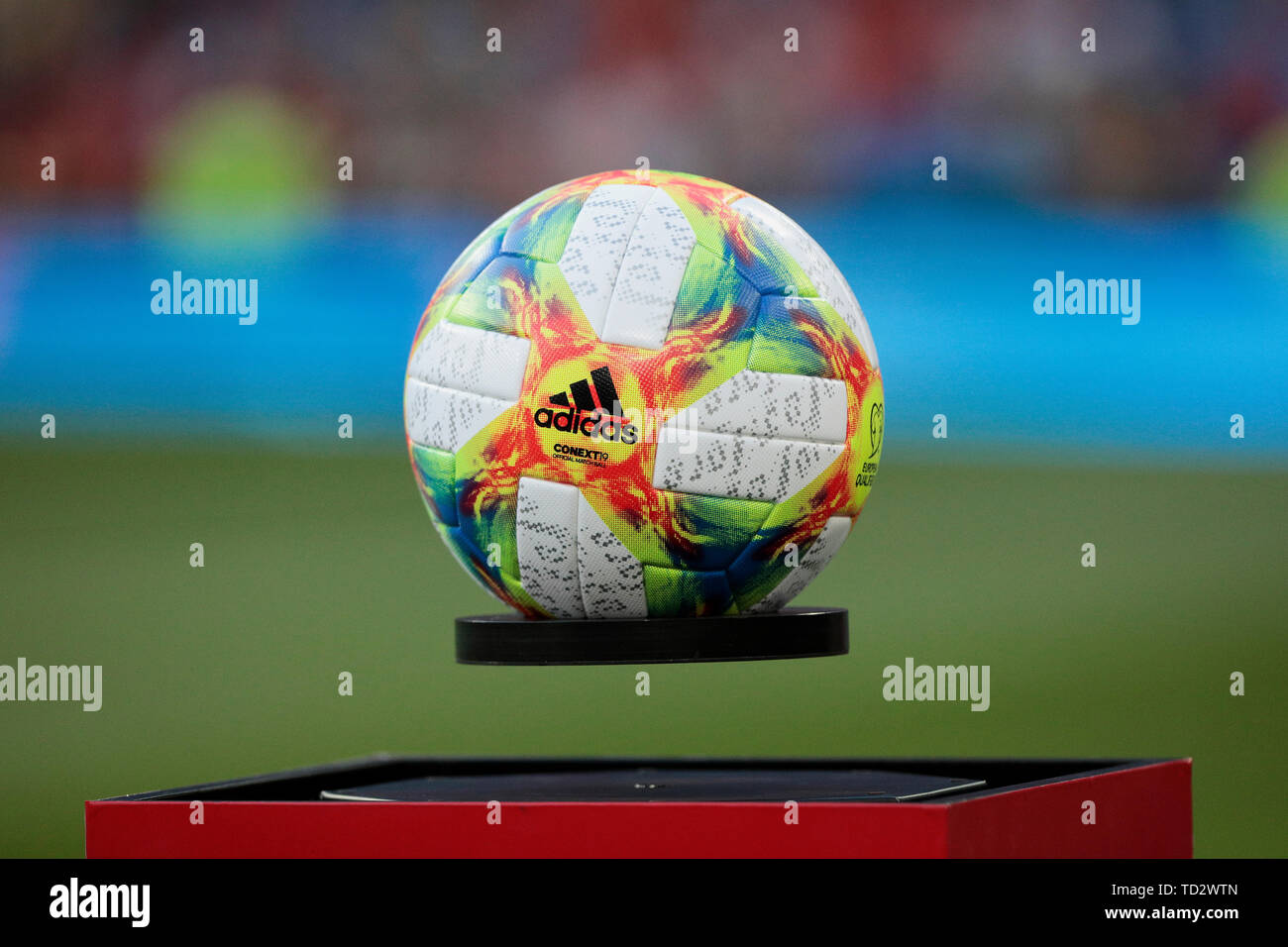 A soccer ball seen during the UEFA EURO 2020 Qualifier match between Spain and Sweden at Santiago Bernabeu Stadium in Madrid. Final score: Spain 3 - Sweden 0 Stock Photo