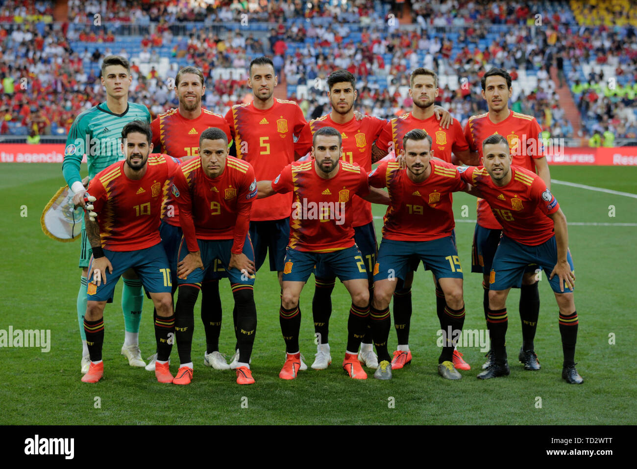 Spain national team pose for photo during the UEFA EURO 2020 Qualifier match between Spain and Sweden at Santiago Bernabeu Stadium in Madrid. Final score: Spain 3 - Sweden 0 Stock Photo