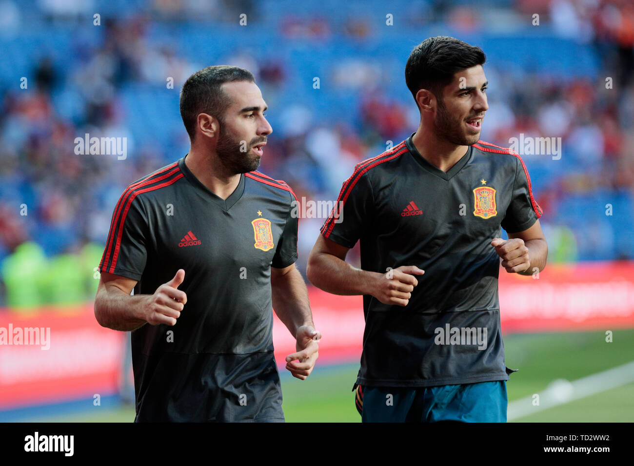 Spain national team player Dani Carvajal (L) and Marco Asensio (R) seen during the UEFA EURO 2020 Qualifier match between Spain and Sweden at Santiago Bernabeu Stadium in Madrid. Final score: Spain 3 - Sweden 0 Stock Photo