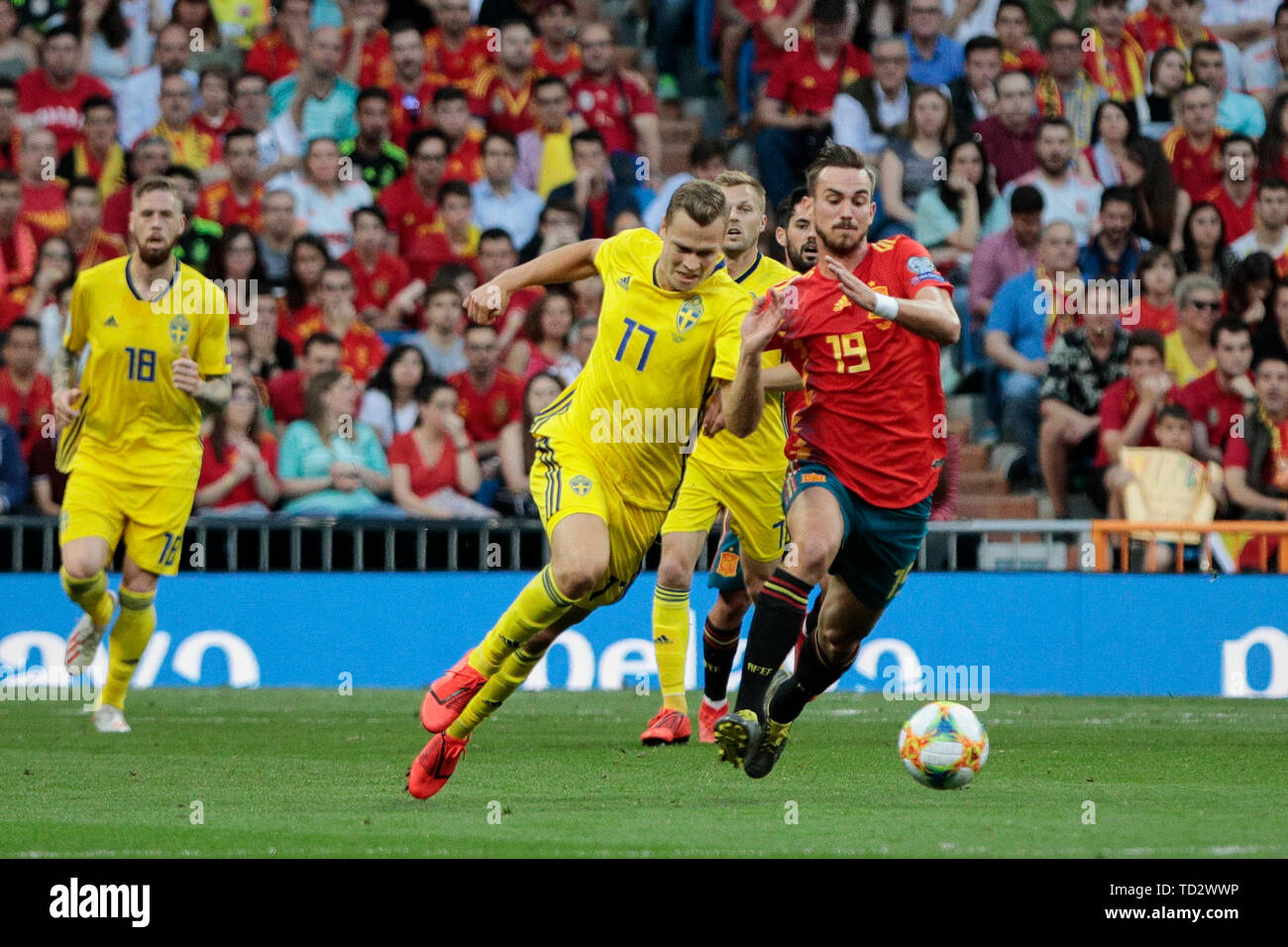 Spain national team player Fabian Ruiz and Sweden national team player Viktor Claesson seen in action during the UEFA EURO 2020 Qualifier match between Spain and Sweden at Santiago Bernabeu Stadium in Madrid. Final score: Spain 3 - Sweden 0 Stock Photo