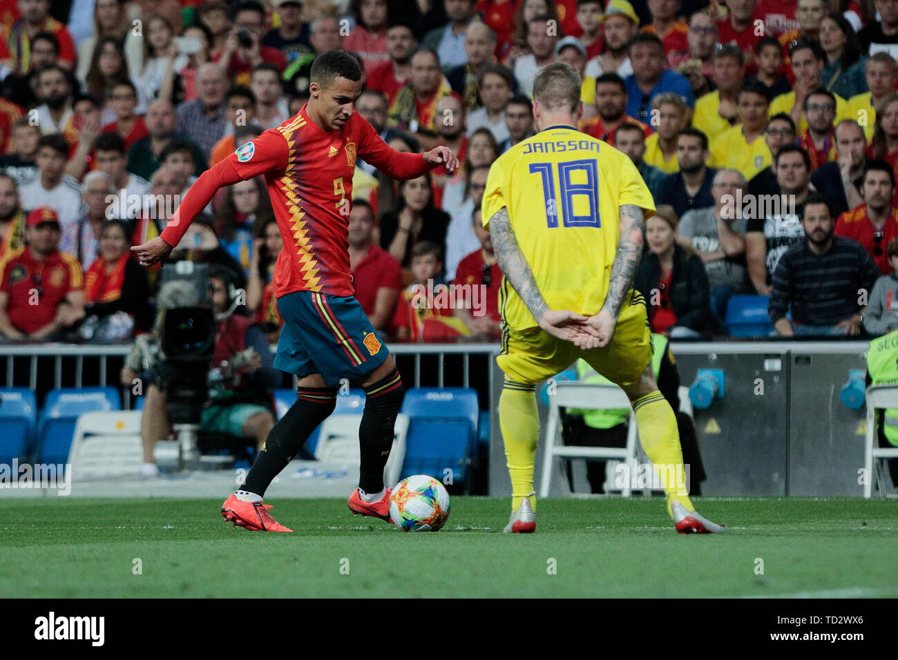 Spain national team player Rodrigo and Sweden national team player Pontus Jansson seen in action during the UEFA EURO 2020 Qualifier match between Spain and Sweden at Santiago Bernabeu Stadium in Madrid. Final score: Spain 3 - Sweden 0 Stock Photo