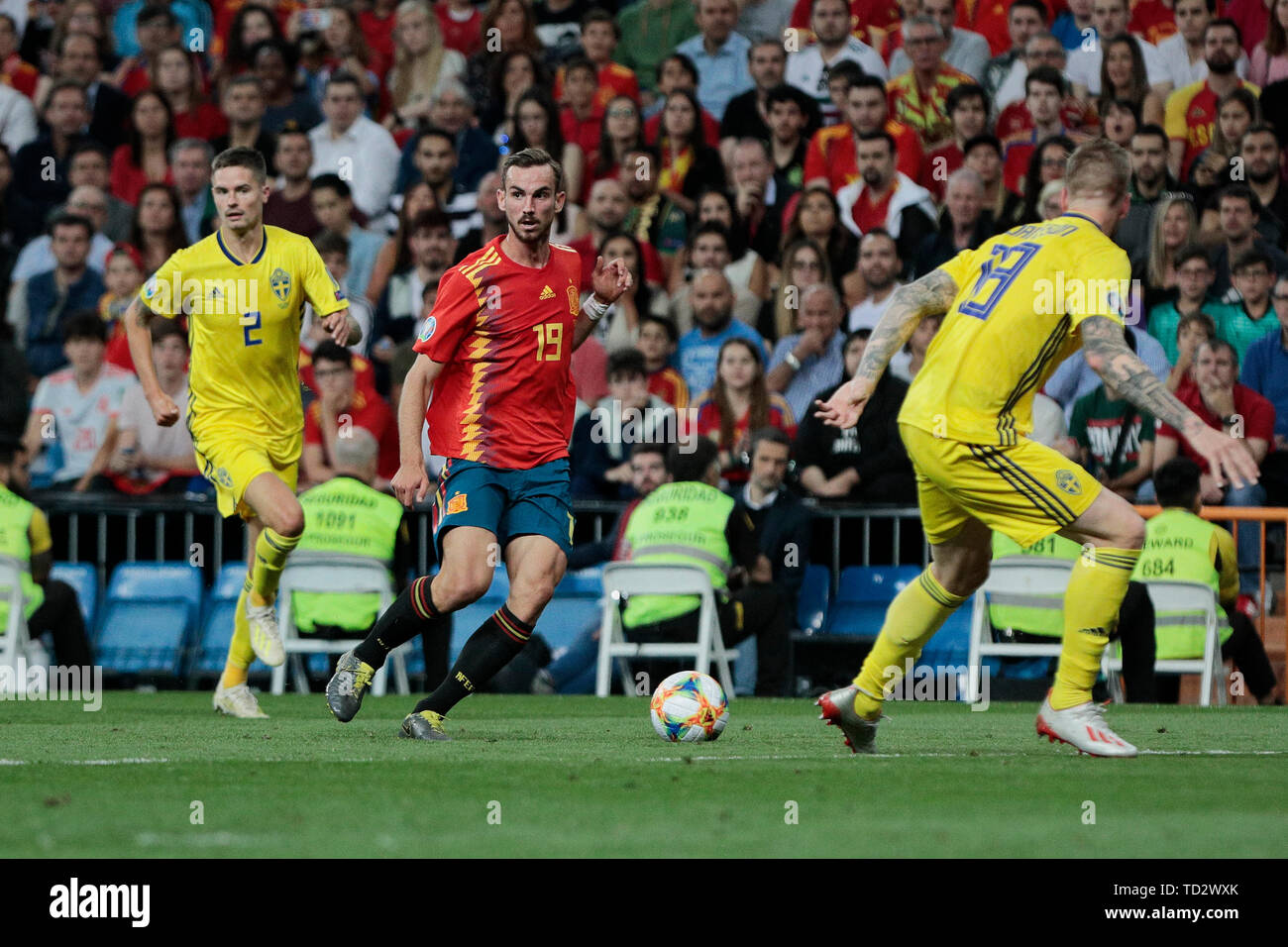 Spain national team player Fabian Ruiz and Sweden national team player Pontus Jansson seen in action during the UEFA EURO 2020 Qualifier match between Spain and Sweden at Santiago Bernabeu Stadium in Madrid. Final score: Spain 3 - Sweden 0 Stock Photo