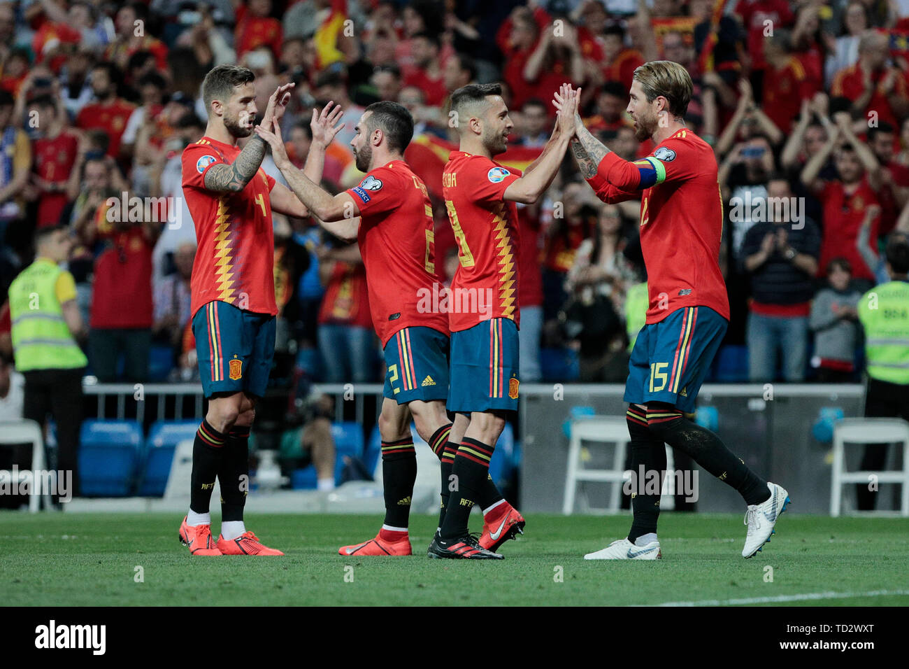 Spain national team players celebrate during the UEFA EURO 2020 Qualifier match between Spain and Sweden at Santiago Bernabeu Stadium in Madrid. Final score: Spain 3 - Sweden 0 Stock Photo