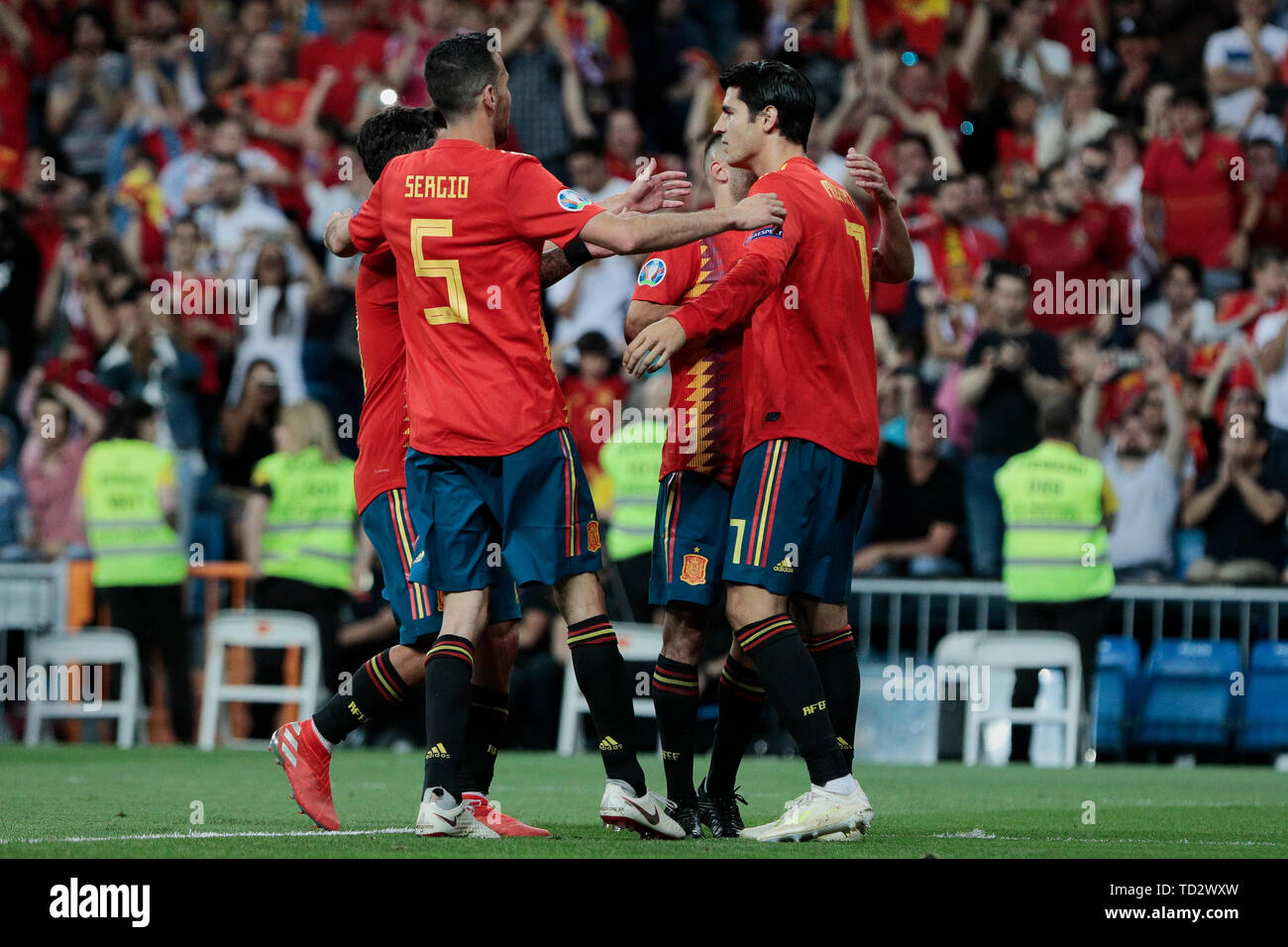 Spain national team players celebrate during the UEFA EURO 2020 Qualifier  match between Spain and Sweden at Santiago Bernabeu Stadium in Madrid.  Final score: Spain 3 - Sweden 0 Stock Photo - Alamy