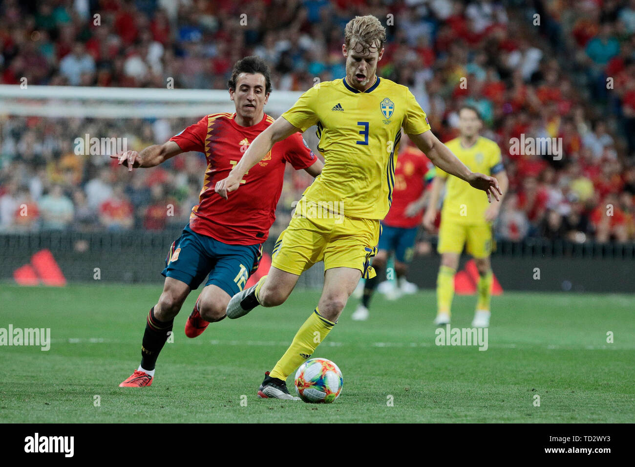 Spain national team player Mikel Oyarzabal and Sweden national team player Filip Helander seen in action during the UEFA EURO 2020 Qualifier match between Spain and Sweden at Santiago Bernabeu Stadium in Madrid. Final score: Spain 3 - Sweden 0 Stock Photo