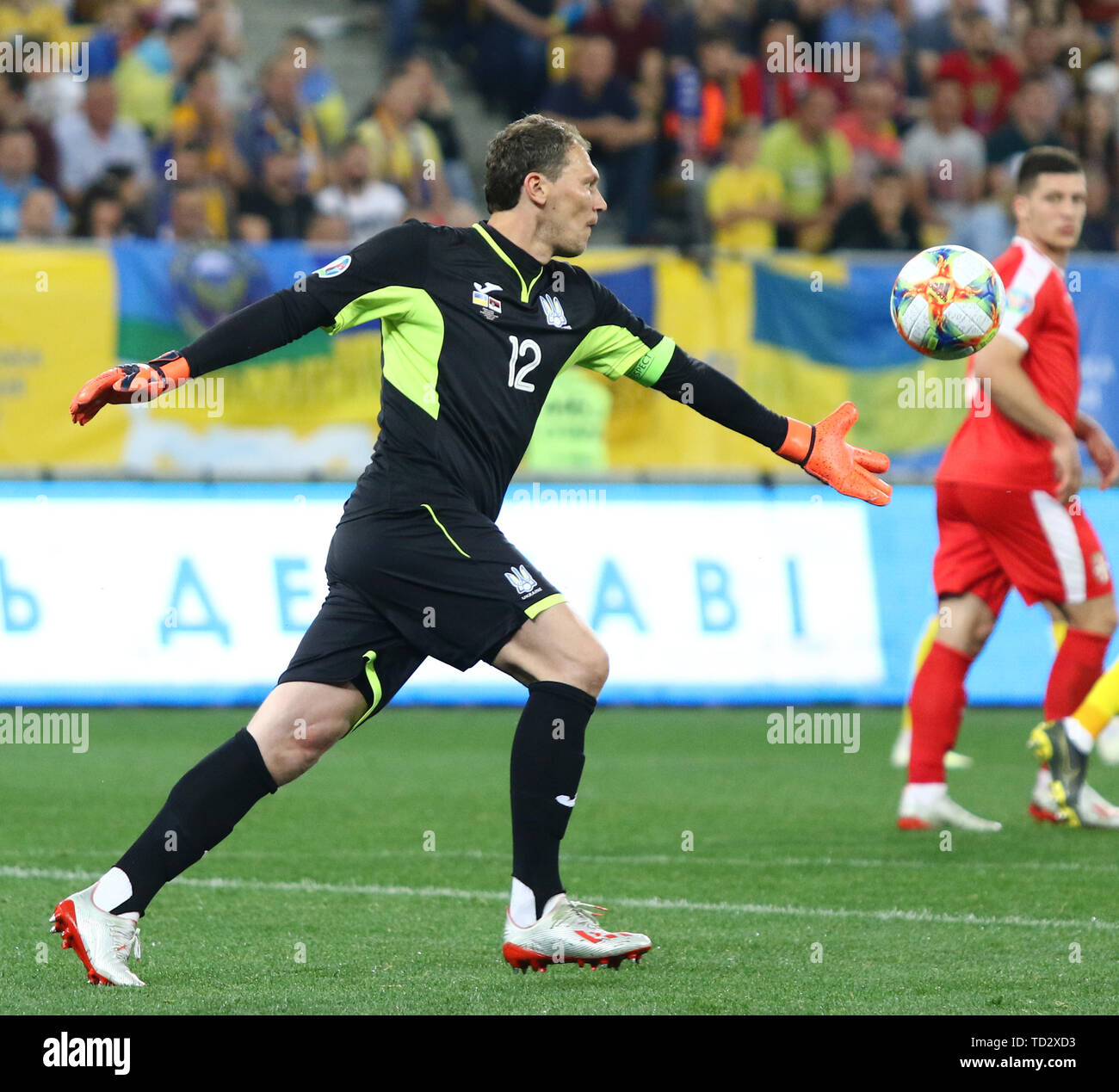 LVIV, UKRAINE - JUNE 7, 2019: Goalkeeper Andriy Pyatov of Ukraine in action during the UEFA EURO 2020 Qualifying game against Serbia at Arena Lviv sta Stock Photo