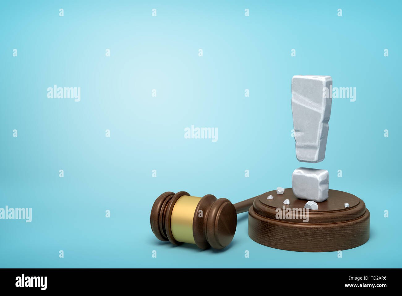 3d rendering of stone exclamation mark standing on sounding block with gavel beside on light-blue background with copy space. Stock Photo