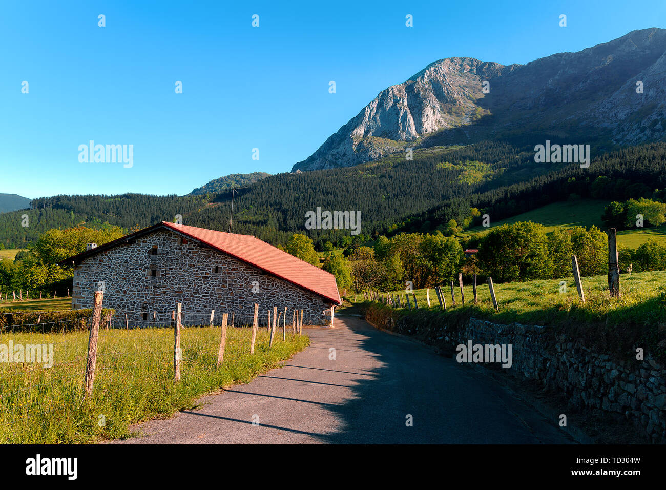 rural landscape in Axpe with view of Anboto mountain Stock Photo