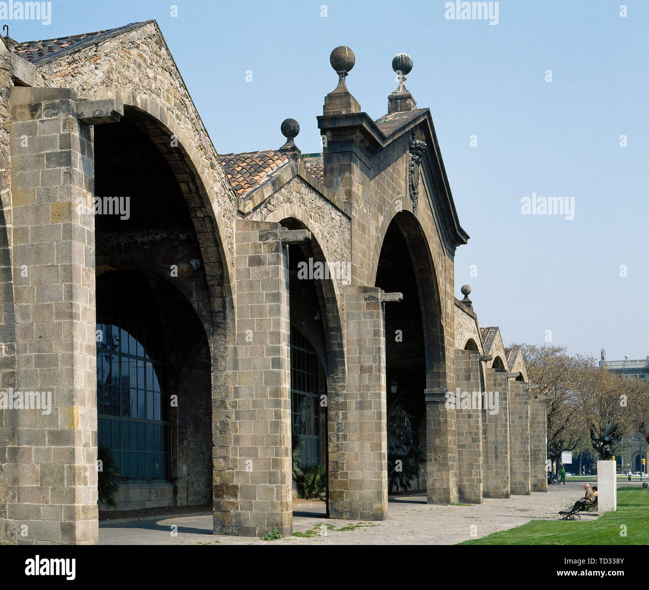 Spain. Catalonia. Barcelona Royal Shipyard. Military building in Gothic style. Currently houses the Barcelona Maritime Museum. View of main facade. 13th-14th century. This picture was taken in the late 1990s, before its modern restoration. Stock Photo