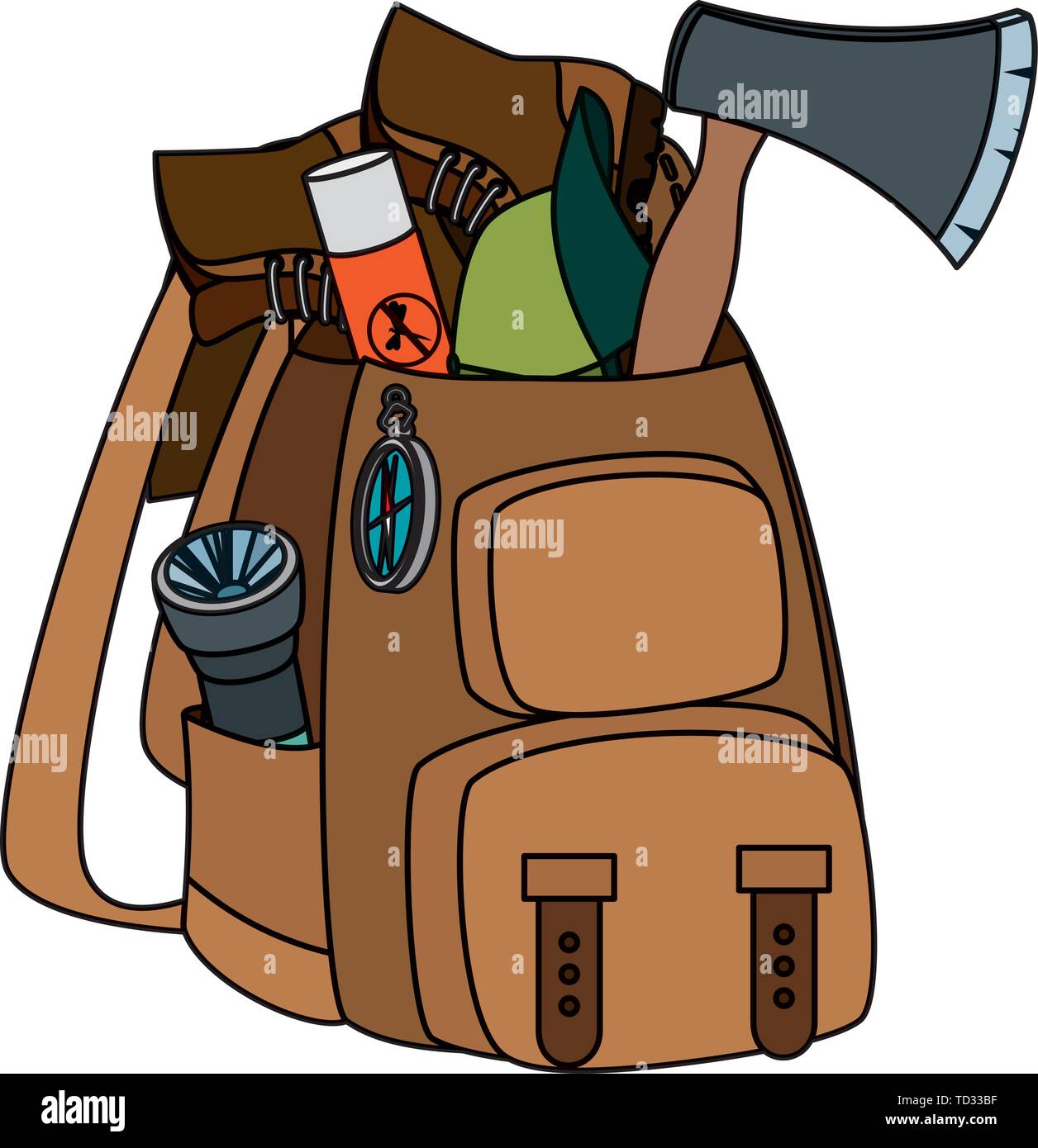 camping travel bag with equipment Stock 