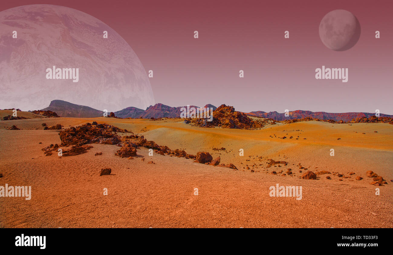 Red planet with arid landscape, rocky hills and mountains, and a giant Mars-like moon at the horizon, for space exploration and science fiction backgr Stock Photo