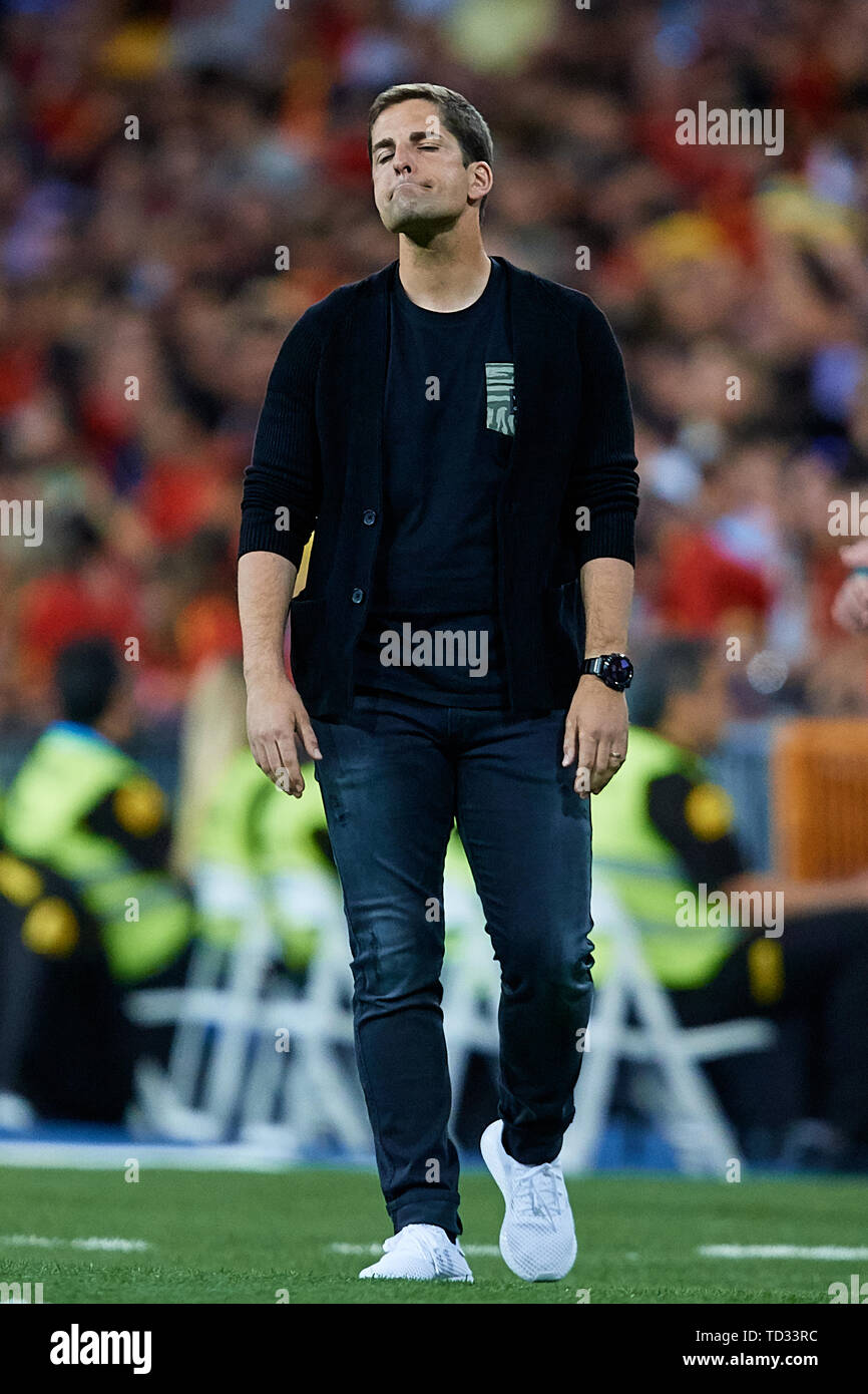 MADRID, SPAIN - JUNE 10: Robert Moreno head coach of Spain reacts during  the UEFA Euro 2020 qualifier match between Spain and Sweden at Santiago  Bernabeu on June 10, 2019 in Madrid,