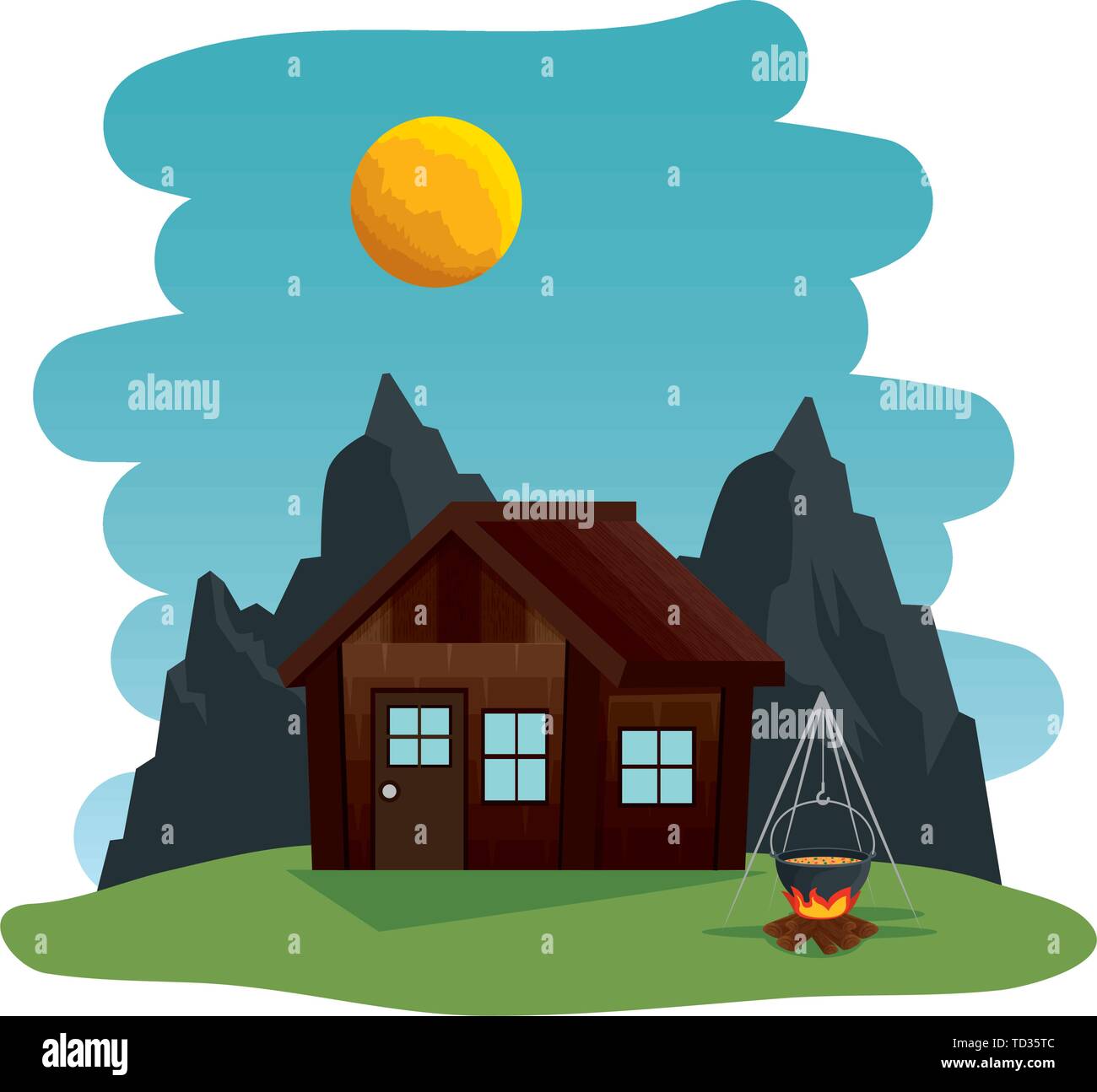 camping zone with log cabing and campfire scene Stock Vector