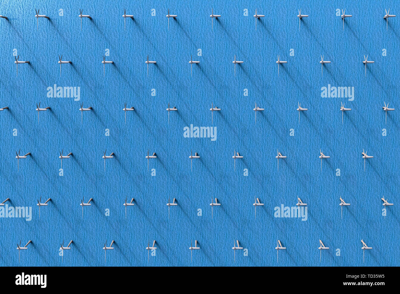 3D rendering of an aerial view of wind turbines in the ocean Stock Photo