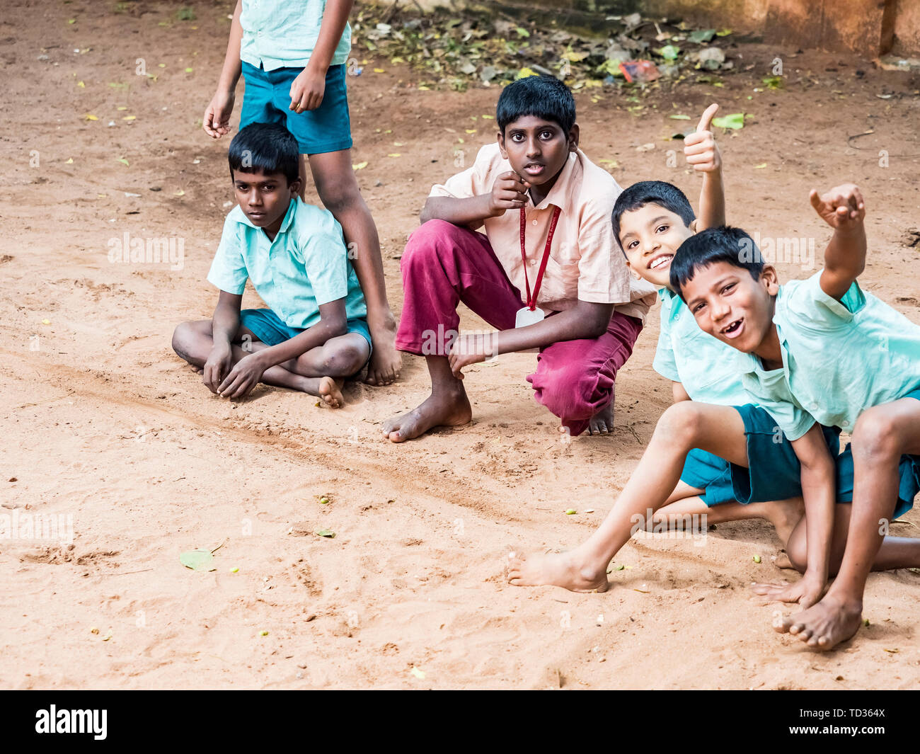 PUDUCHERRY, INDIA - DECEMBER Circa, 2018. Unidentified happy funny children  friends classmates in government school uniforms smiling laughing doing vi  Stock Photo - Alamy