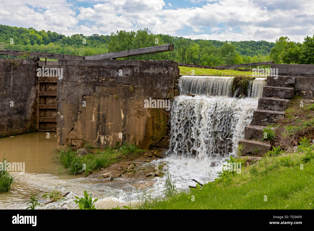 Metamora, Indiana - A lock on the Whitewater Canal. The canal operated for a few years in the mid-18th century in southeastern Indiana. A small part o Stock Photo