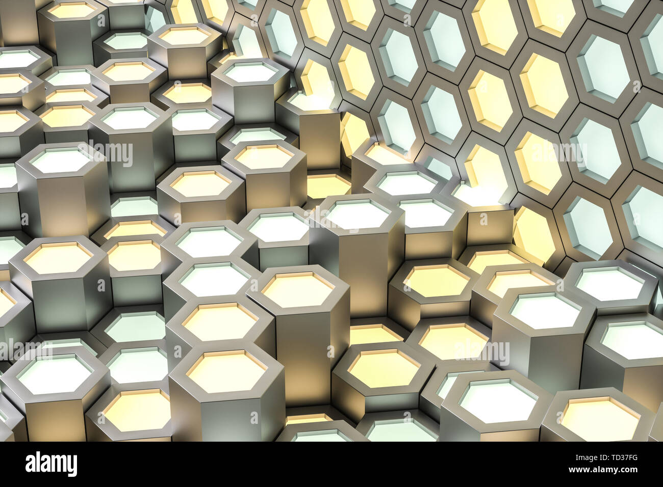 Golden hexagonal metallic background, three-dimensional rendering Stock Photo