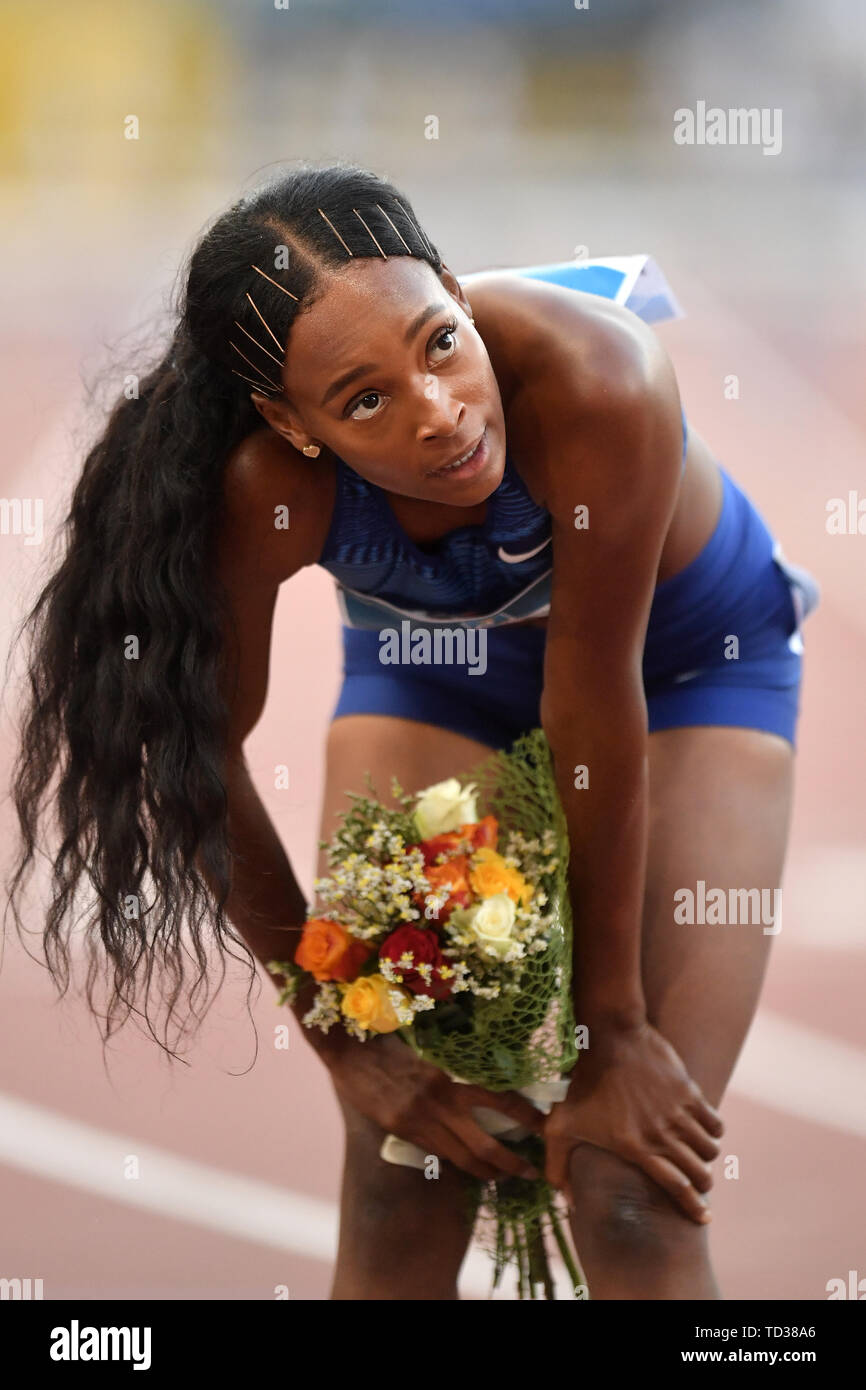 Dalilah Muhammad of United States looks to the results after winning the women's 400m hurdles at the IAAF Diamond League Golden Gala  Roma 06-06-2019  Stock Photo