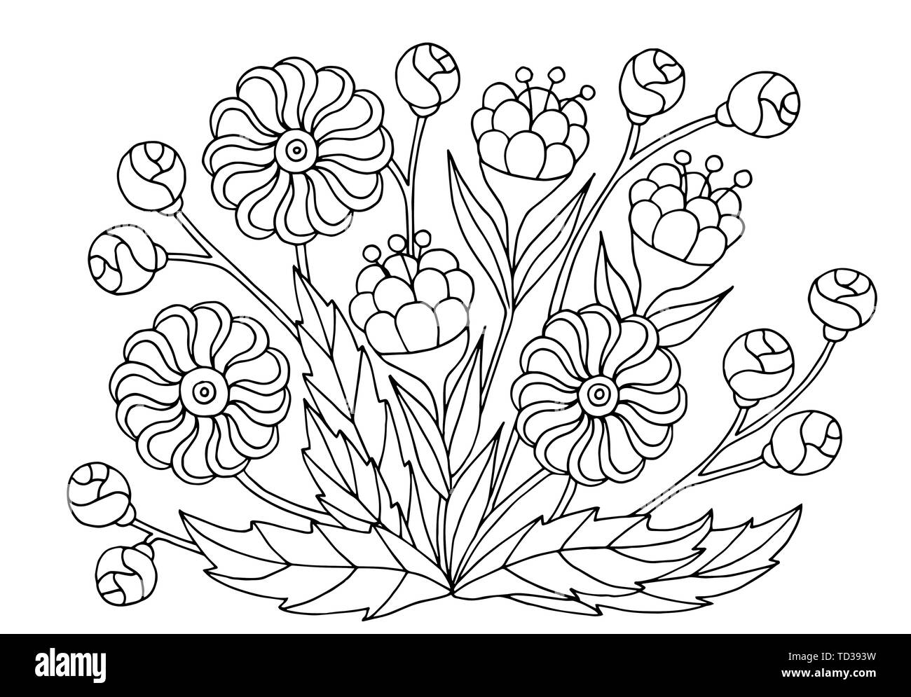 Hand drawn flower patterns, coloring page for children and adults Stock Vector