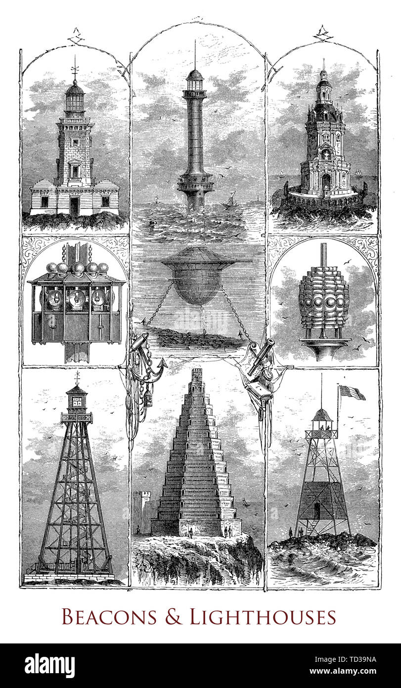 Typography: page representing different kind of lighthouses, beacons ...