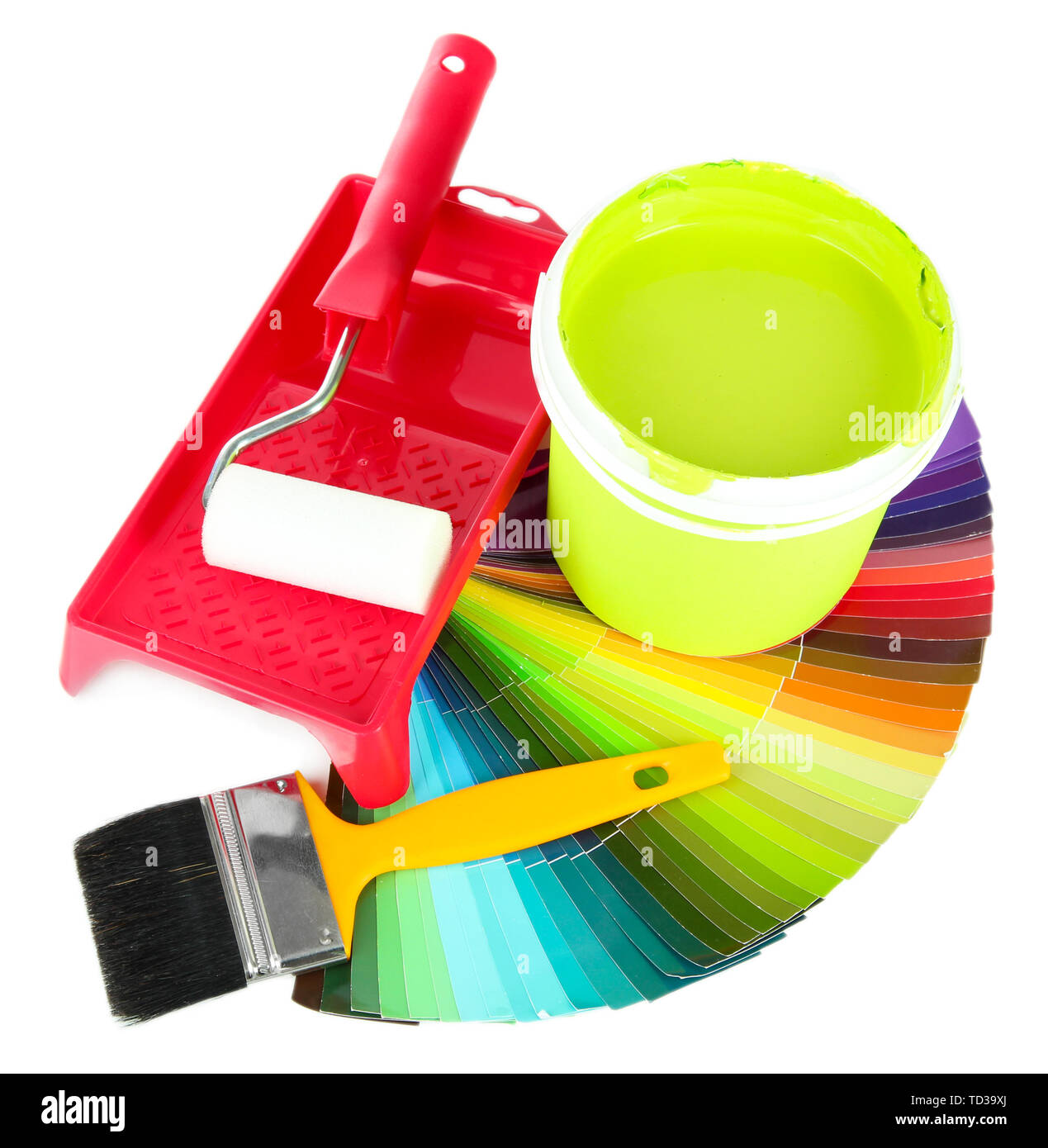 Set for painting paint pot, brushes, paintroller and palette of colors isolated on white Stock
