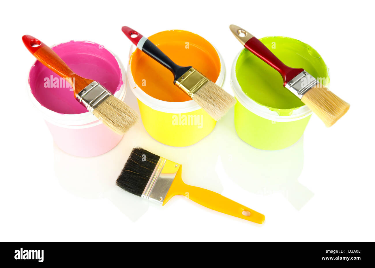 Set for painting paint pots, brushes isolated on white Stock Photo Alamy
