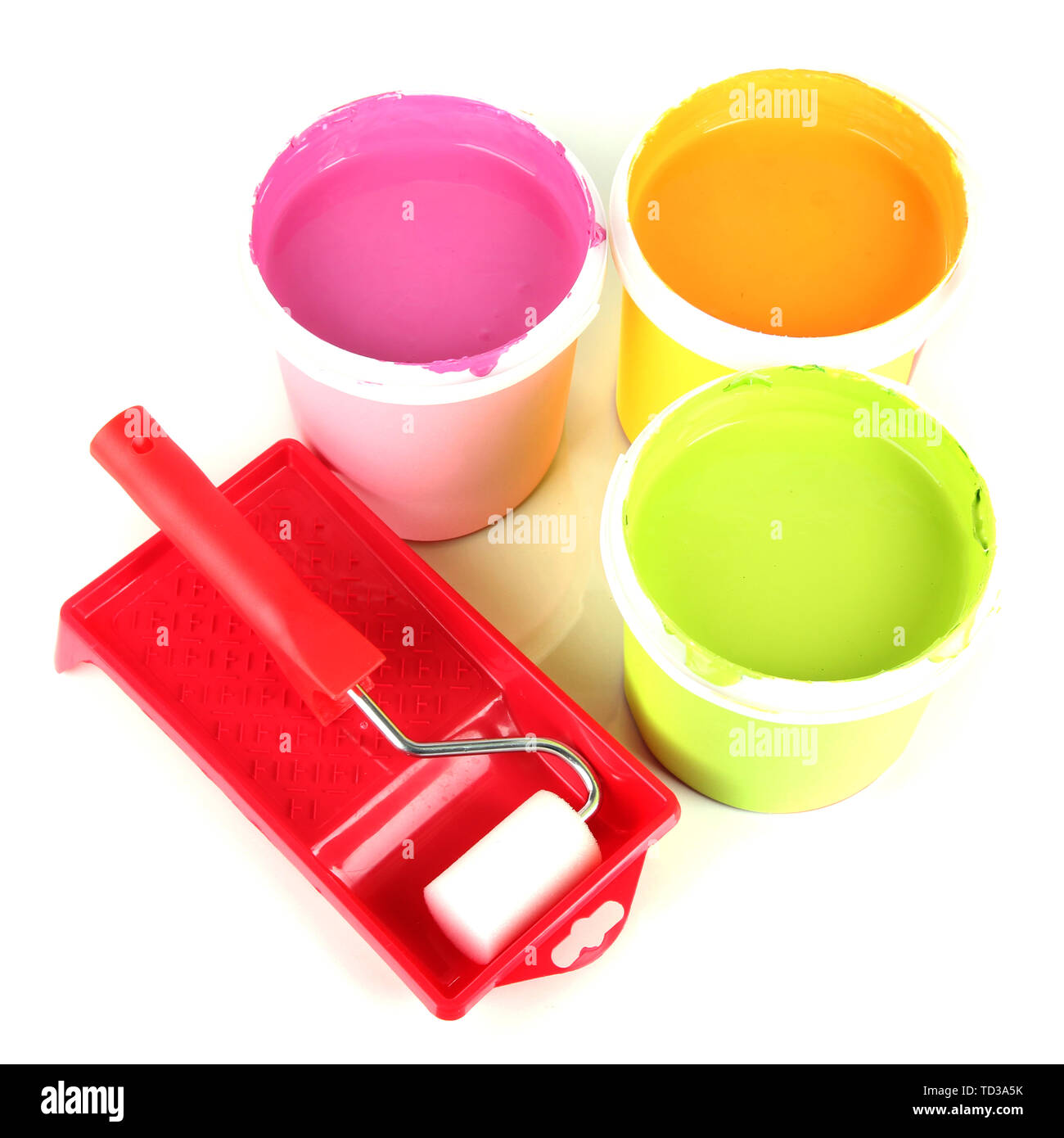 Set for painting paint pots, paintroller isolated on white Stock
