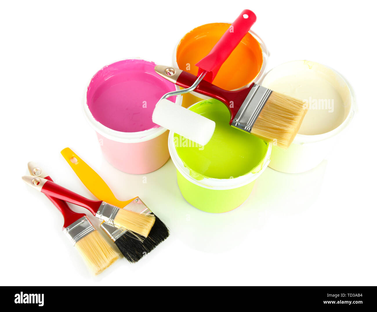 Set for painting paint pots, brushes, paintroller isolated on white