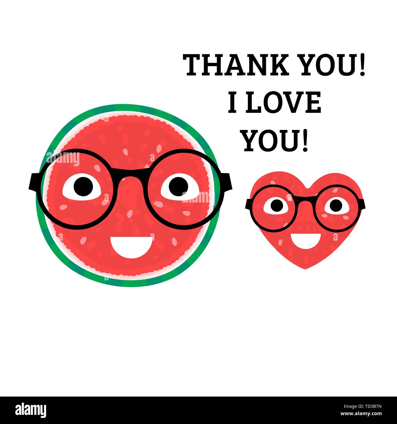 Watermelon cute characters big and heart with glasses. Thank you. I love you. Stock Vector