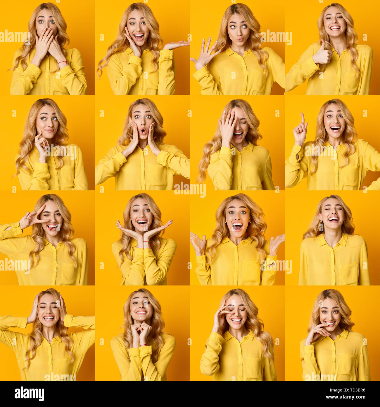 Set Of Young Girl Emotions. Blonde Woman Grimacing Stock Photo