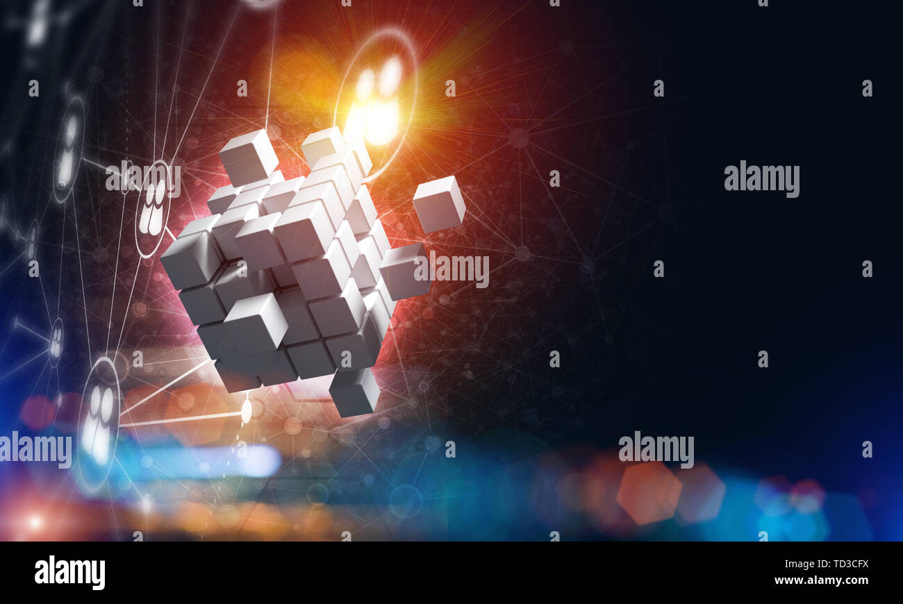 Concept of Internet and networking with digital cube figure on dark ...