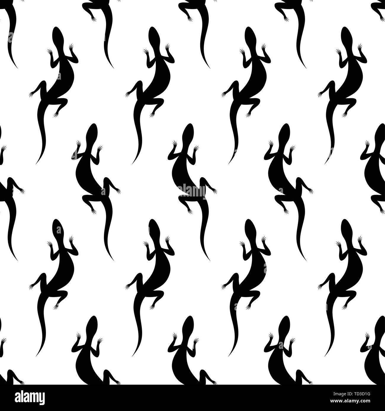 Seamless pattern with silhouettes of lizards. Australian animal. Isolated on white background. Black silhouettes. Hand drawn. Vector illustration. Stock Vector