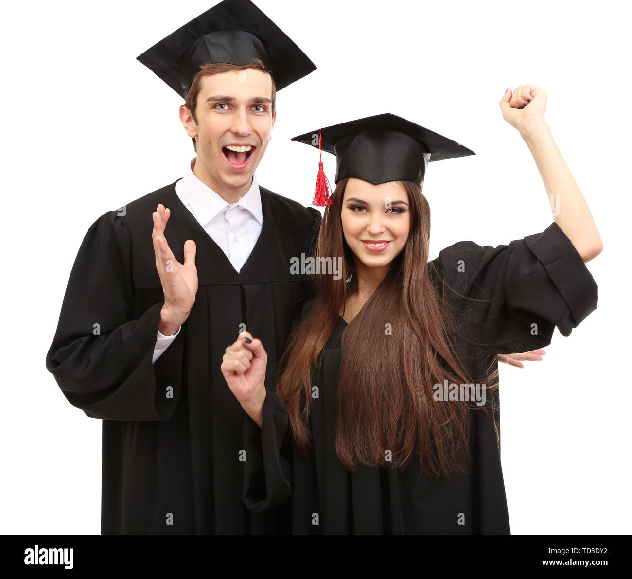 Two happy graduating students isolated on white Stock Photo - Alamy