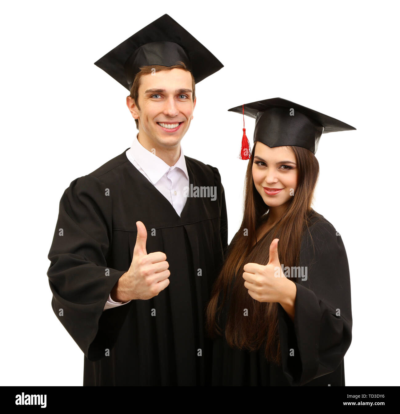 Two happy graduating students isolated on white Stock Photo - Alamy