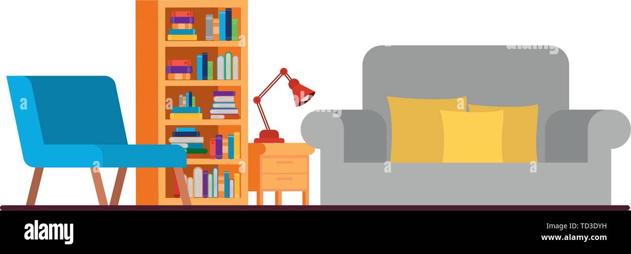 living room with couch and bookshelf of books Stock Vector Image & Art ...