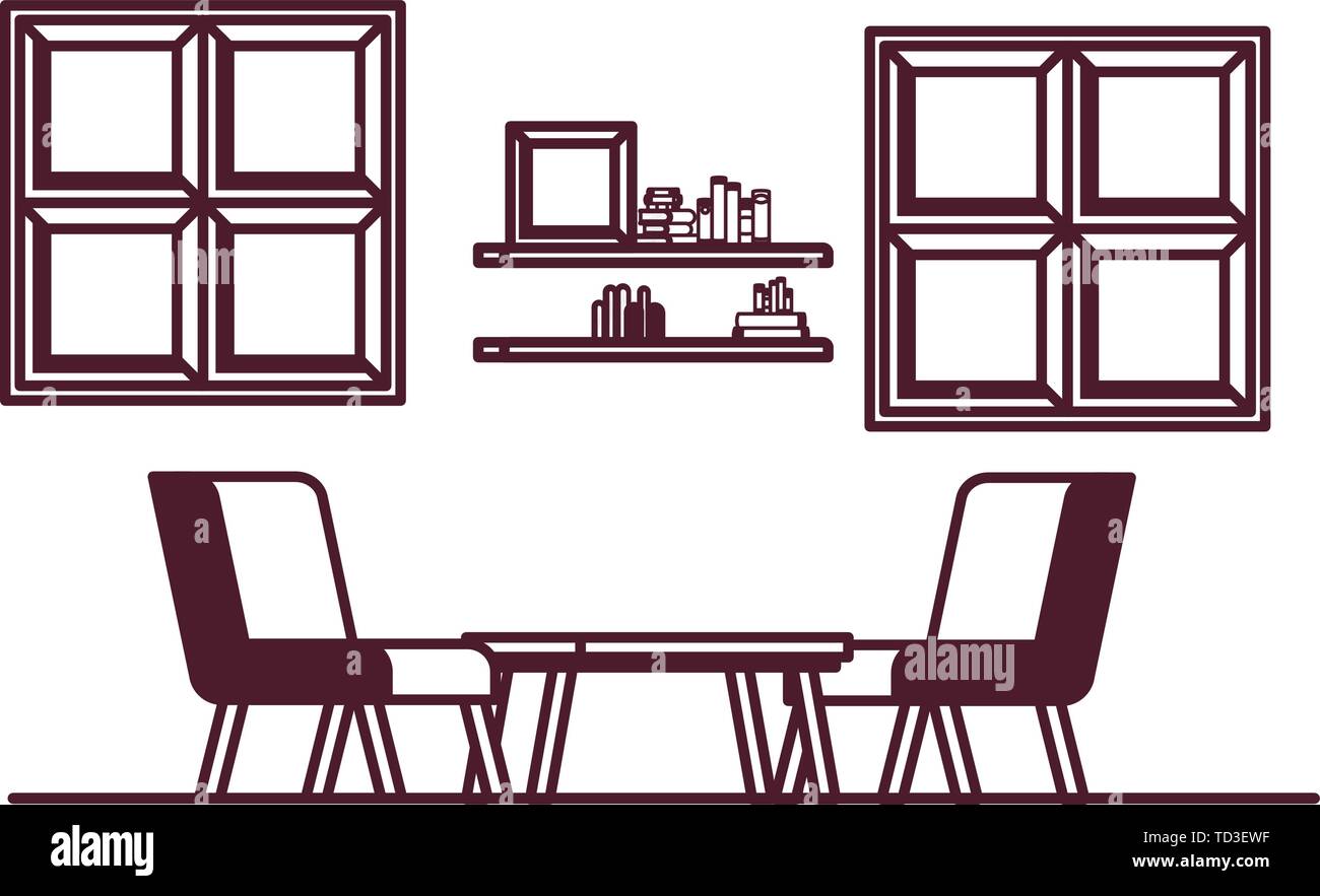 silhouette of living room with couch and bookshelf of books Stock ...
