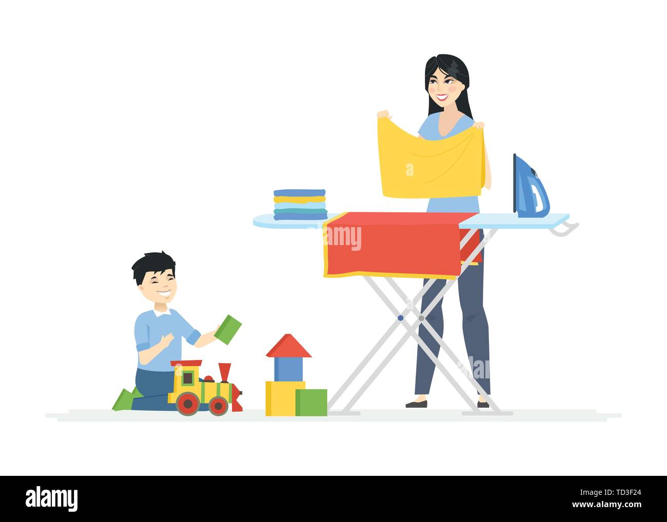 Young Chinese woman irons clothes cartoon people characters