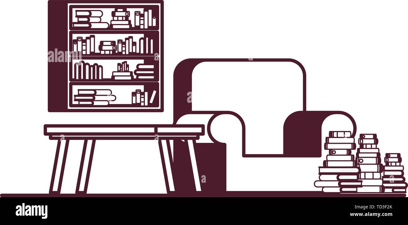 silhouette of living room with couch and bookshelf of books Stock ...