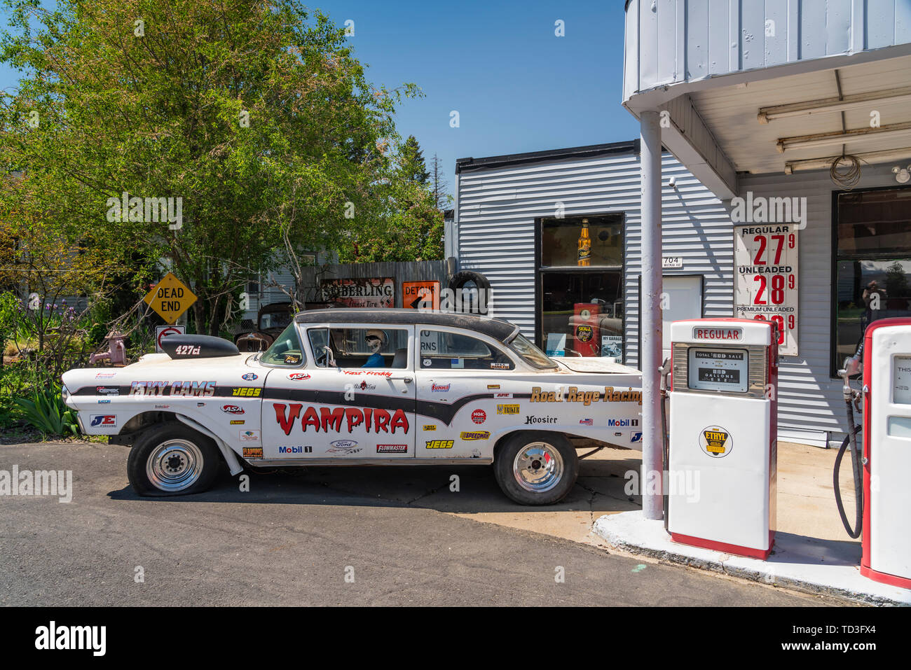 A rustic historic garage and car in Rosalia, Palouse, Washington, USA