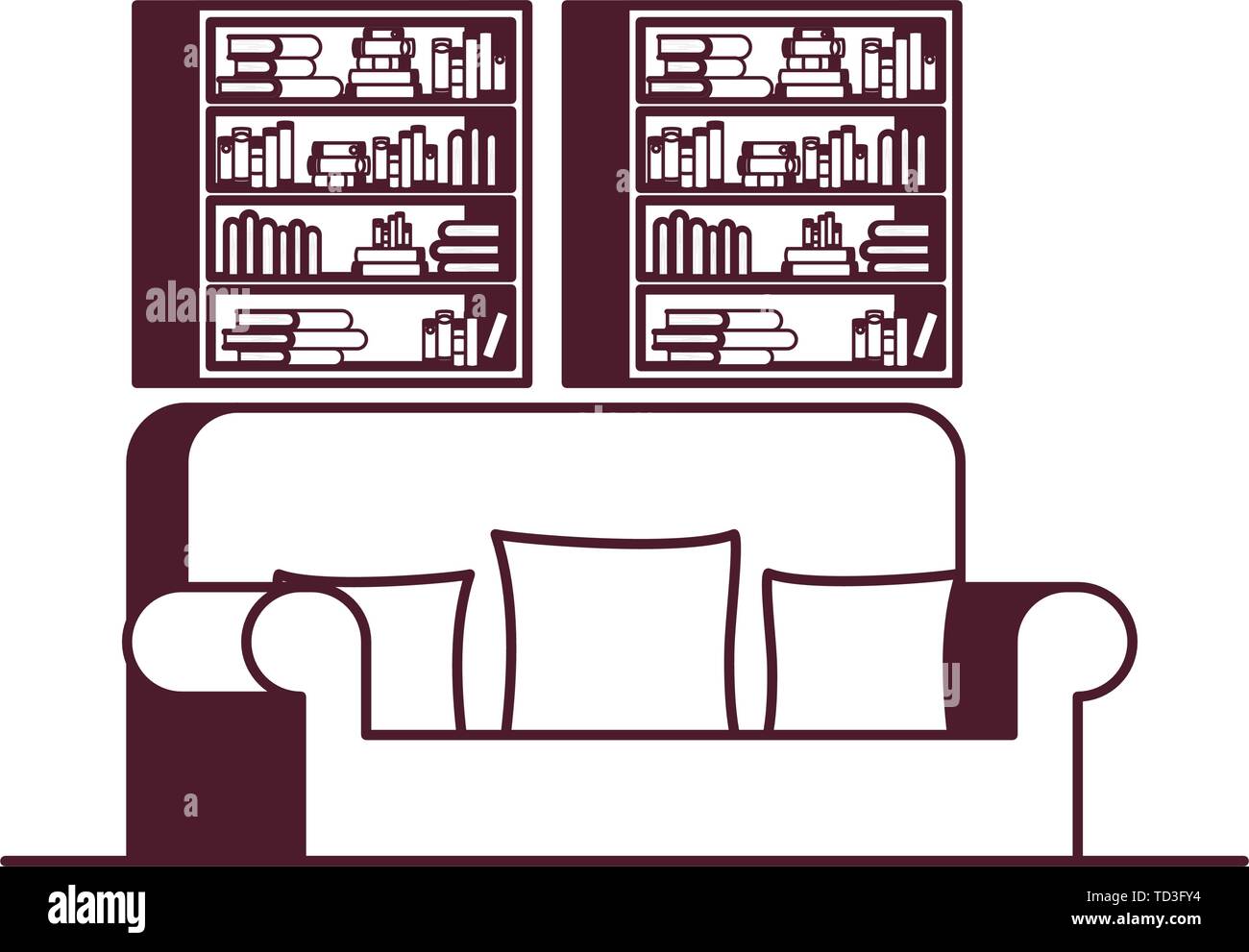 silhouette of living room with couch and bookshelf of books Stock ...