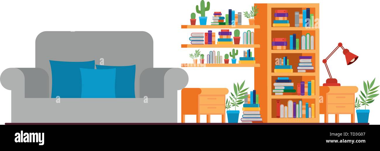 living room with couch and bookshelf of books Stock Vector Image & Art ...