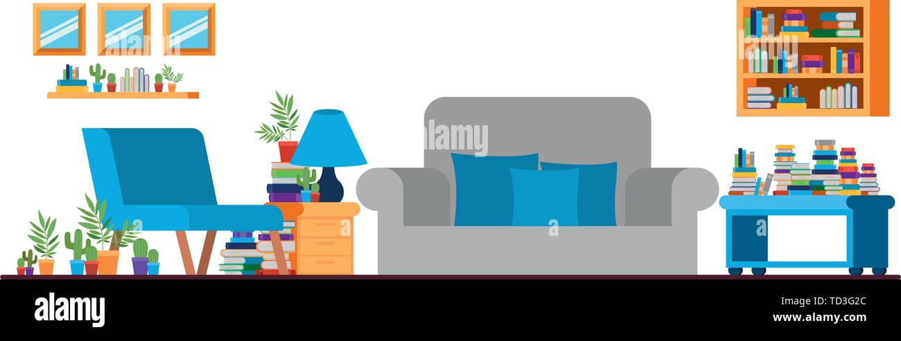 living room with couch and bookshelf of books Stock Vector Image & Art ...